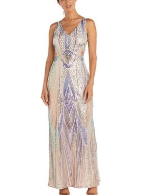R & M Richards Iridescent Sequin V-Neck Maxi Gown